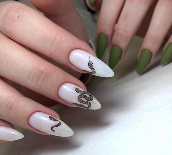 Almond-shaped manicure and snake