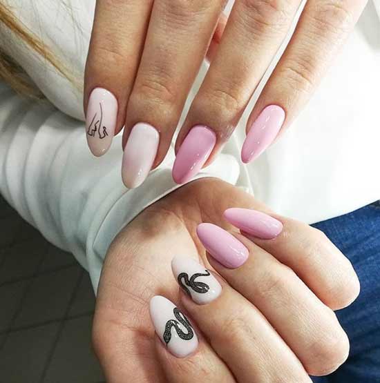 Pink and white manicure and two snakes