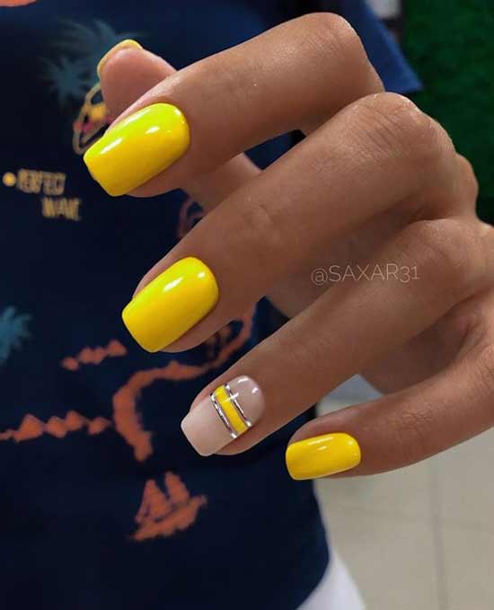 Yellow manicure with stripes