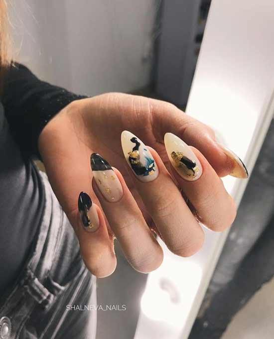 Beige manicure with black and shiny decor