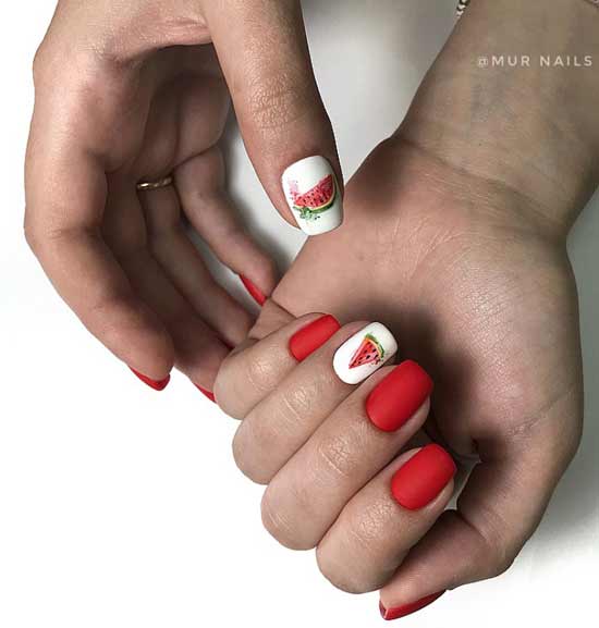 Watercolor painting of nails - a slice of watermelon