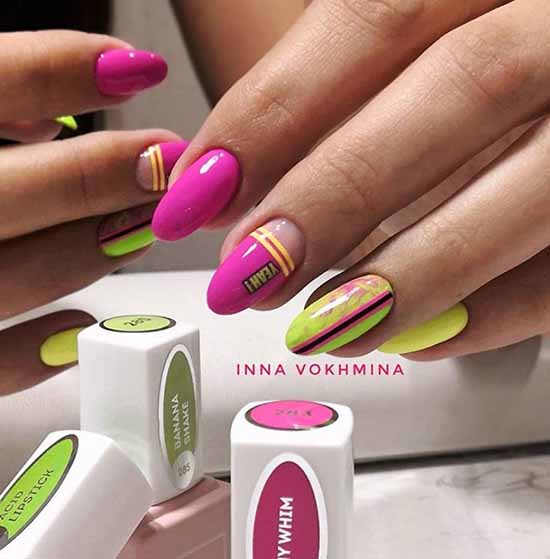 Red green neon manicure long nails