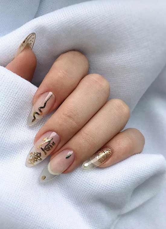 Transparent manicure with photo stickers