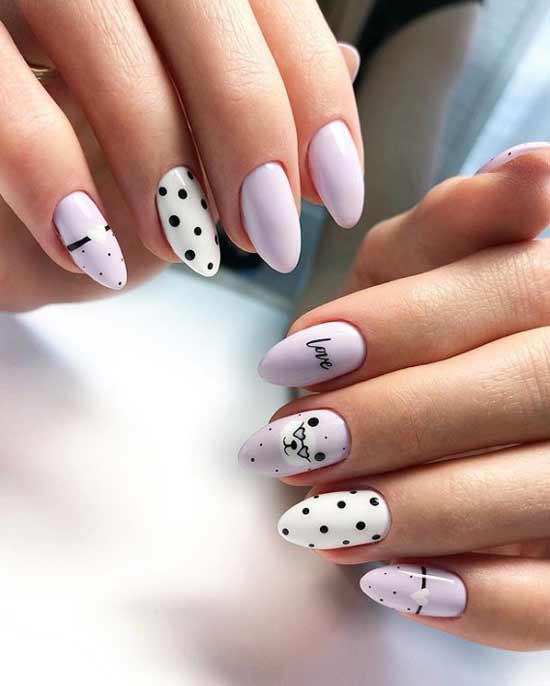 Nail design with polka dots and cute drawings