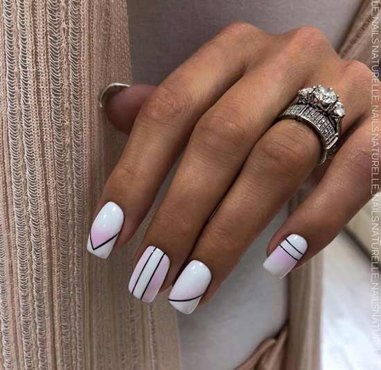 White manicure design with stripes