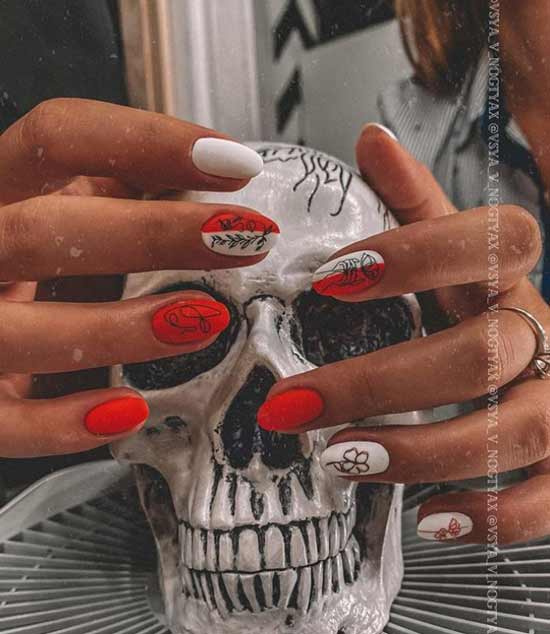 Les dessins d'ongles rouges et blancs tombent