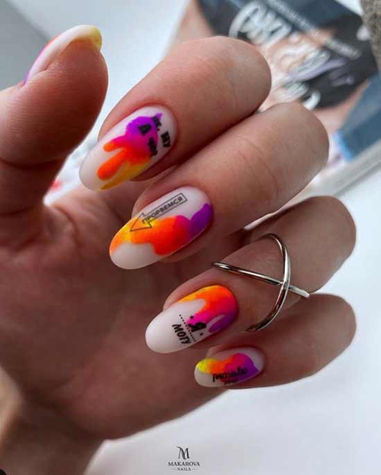 Milky-neon manicure for dark skin of hands