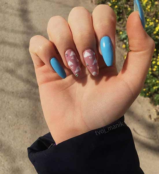 Two-tone nail art with clouds