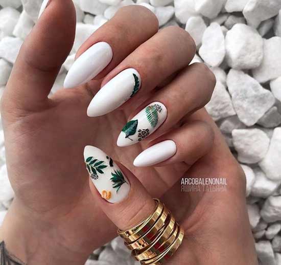 White almond manicure with drawings