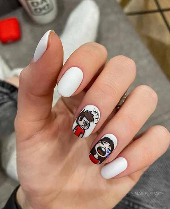 White nails with designs: new items, manicure ideas in the photo