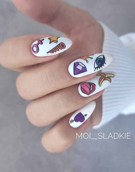 White nails with designs: new items, manicure ideas in the photo