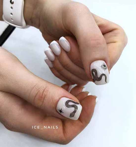 White nails with designs: new items, manicure ideas in the photo