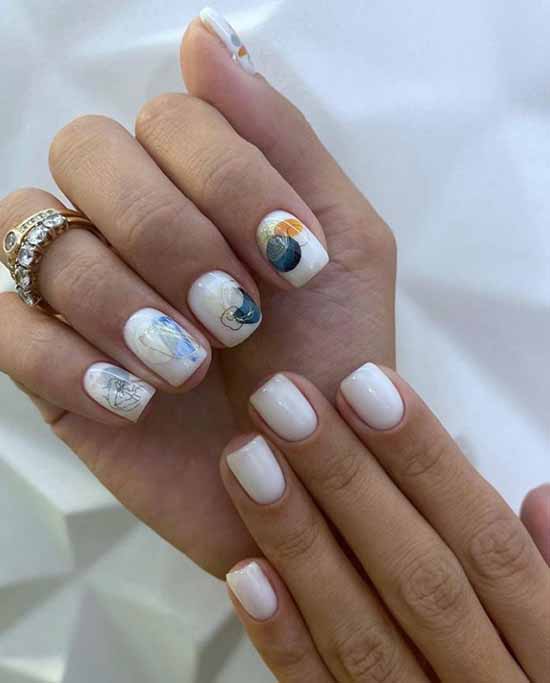 White nails with designs: new items, manicure ideas in the photo