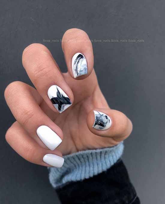 White nails with designs: new items, manicure ideas in the photo