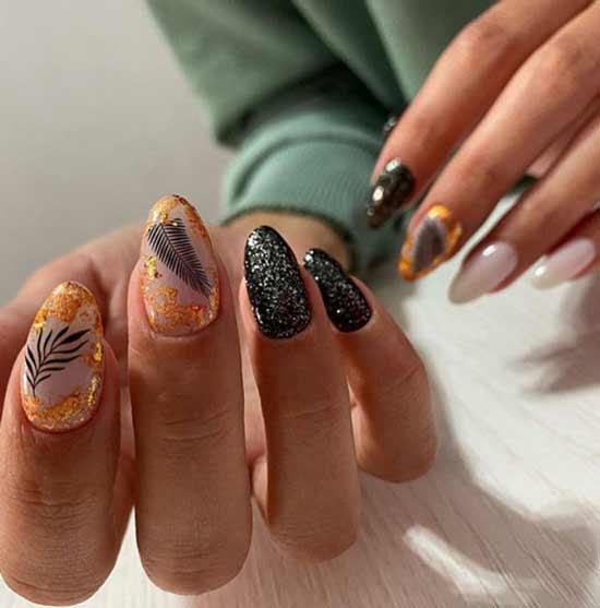 black manicure and gold sequins