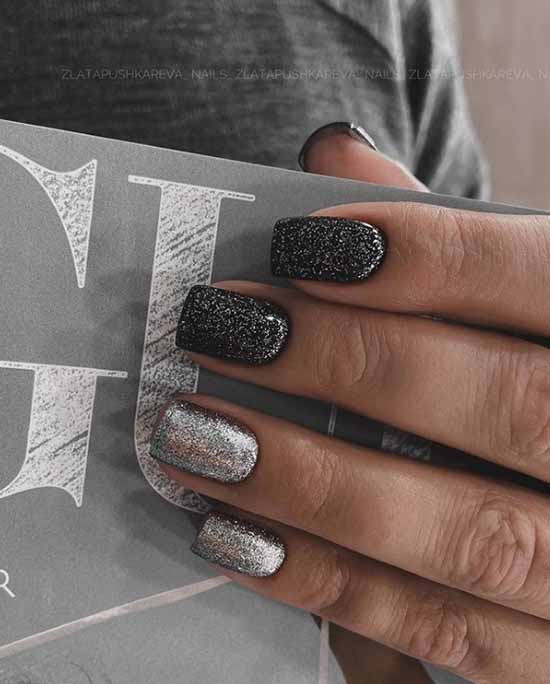 Black manicure with silver sequins