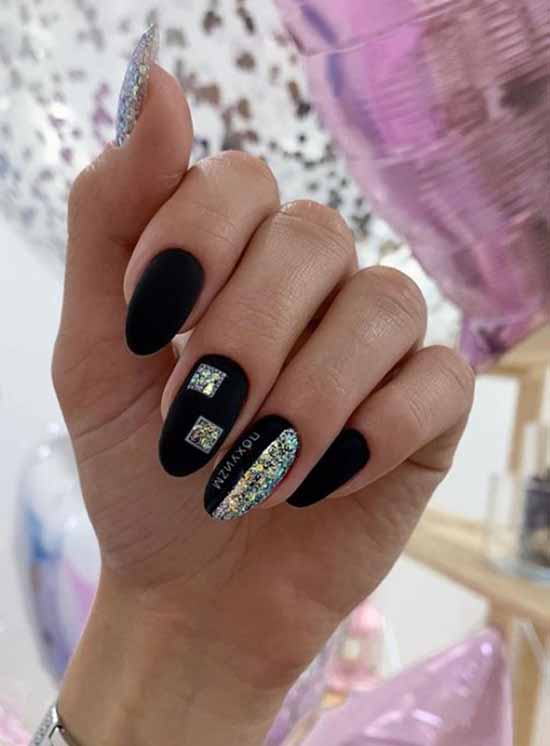 Colored sequins in black manicure