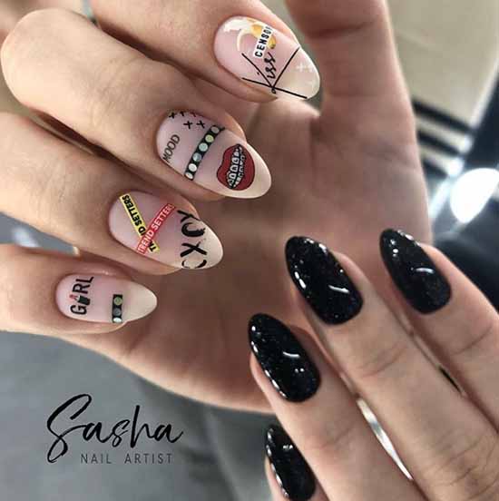 Black manicure with glitter and stickers