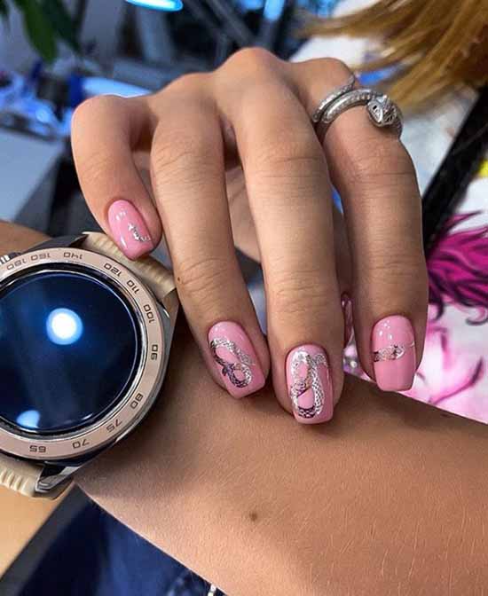 Pink short manicure with silver