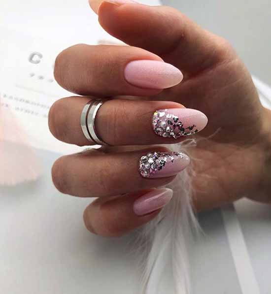 Nail design with silver and rhinestones