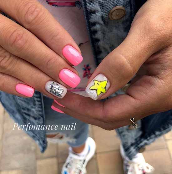 Pink manicure with stickers and glitters