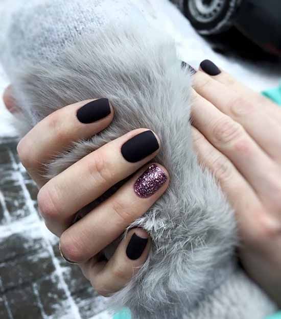 Black manicure with pink sequins