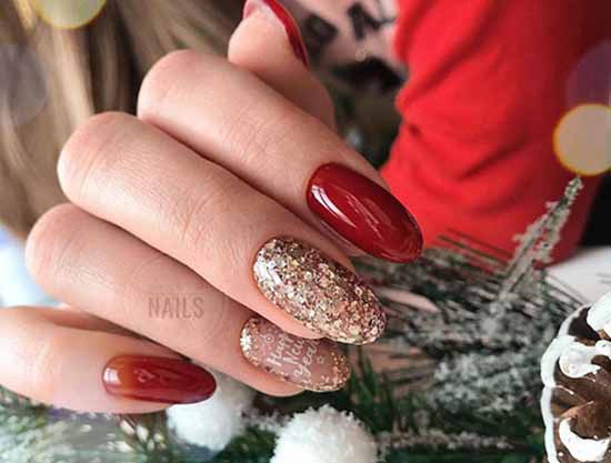 Red manicure with gold sequins