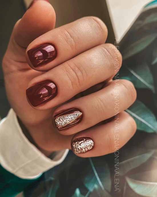 Burgundy manicure with sequins silver