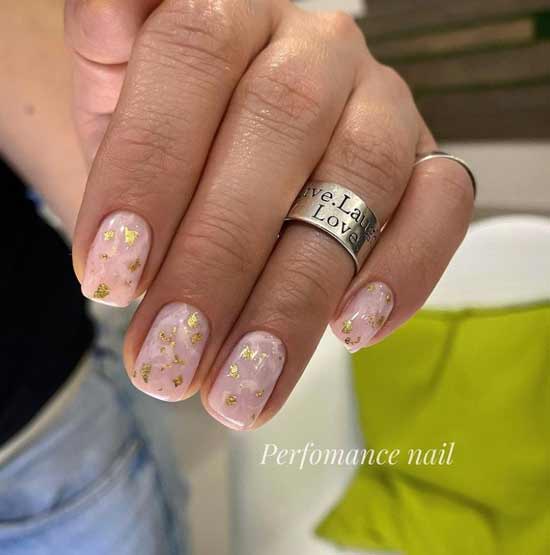 Beige nails with gold leaf