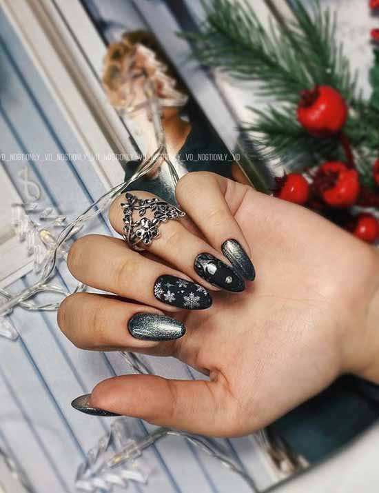 Black manicure with liquid foil