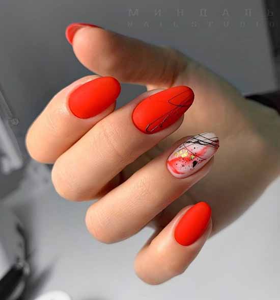 Red manicure and design on one nail