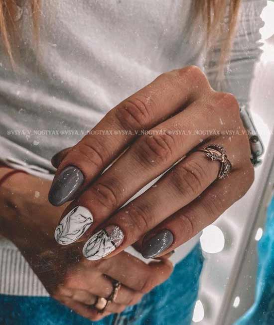 White gray glitter manicure