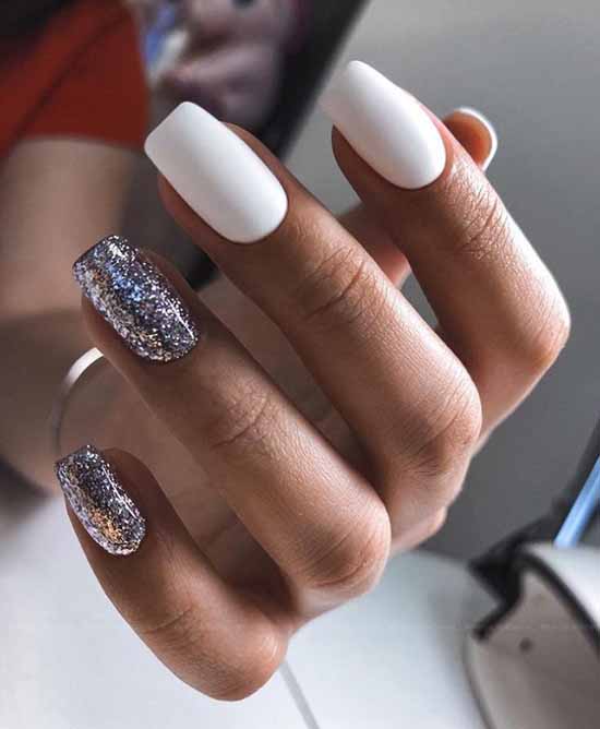 White matte manicure with colored sequins