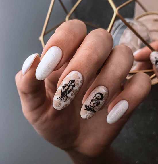 White manicure with glitter pattern