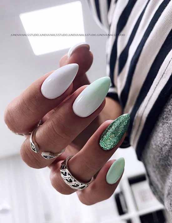 Green glitter on white nails