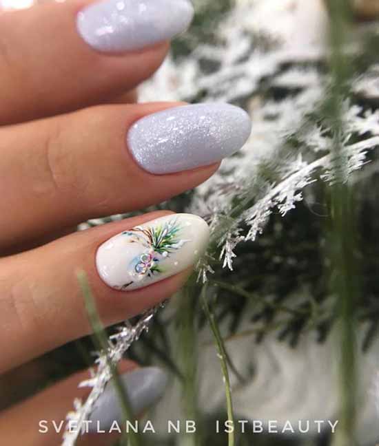 White nails with pattern and glitter