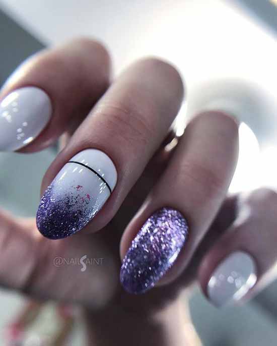 White nails with colored glitters on two nails