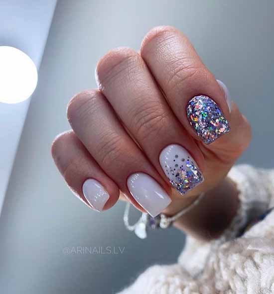 White manicure with colored glitter