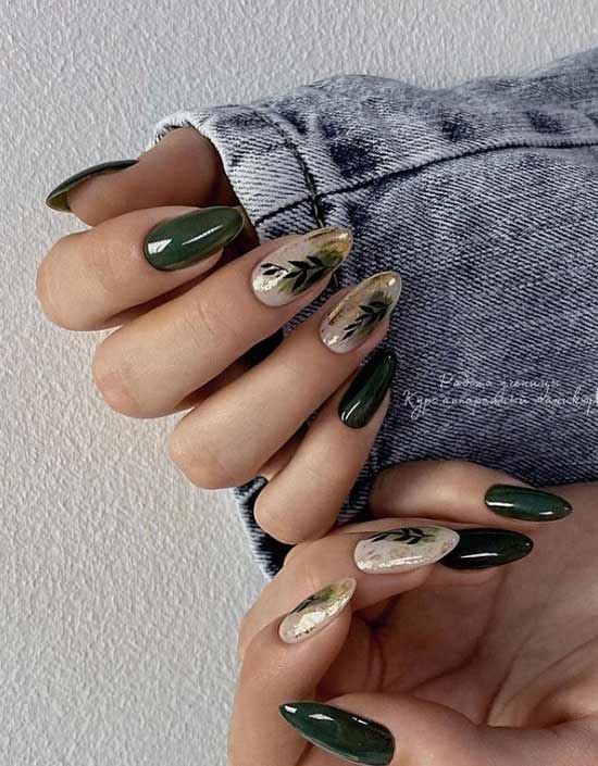 Dark green manicure with designs