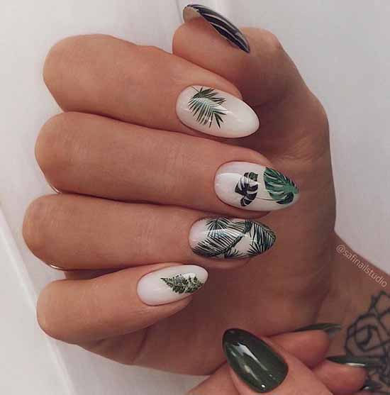 Manicure dark green with plant print