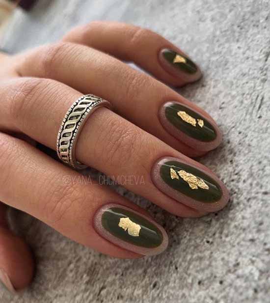 Khaki manicure with foil