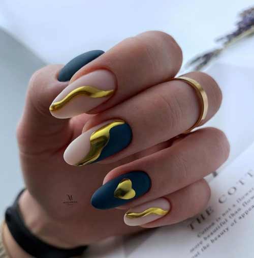 Gold heart on nails design rubbed