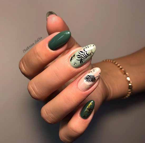 Floral print on green nails