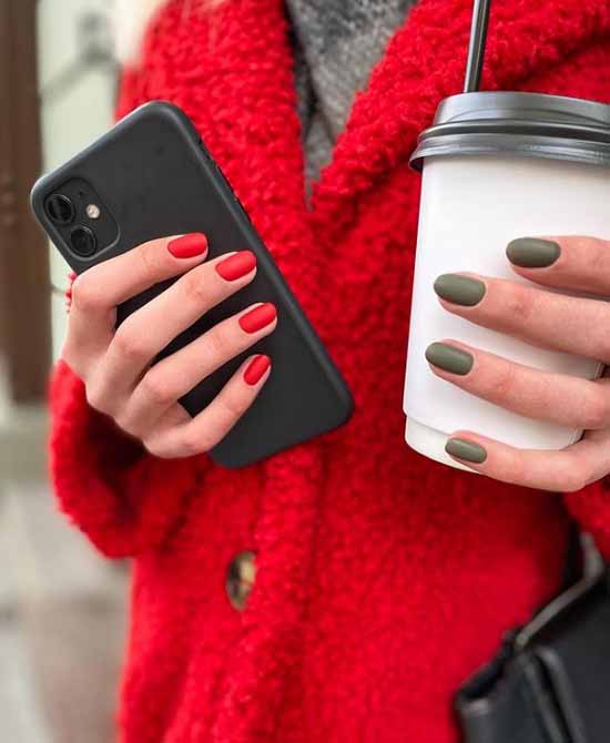 Green with red manicure