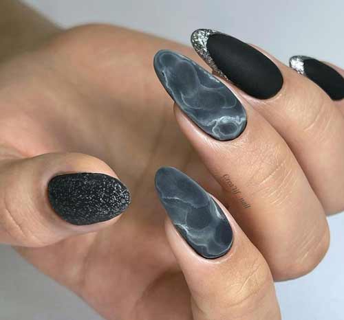 Matte black marble nails