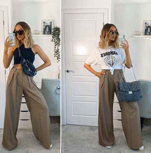 Wide leg pants with a T-shirt and a top