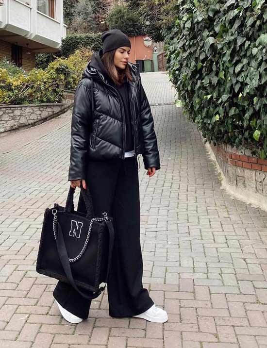 Look with black wide leg pants