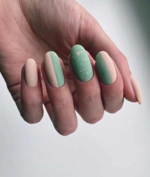 Solid color matte beige + green manicure