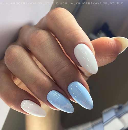 Manucure ongles longs bleus et blancs