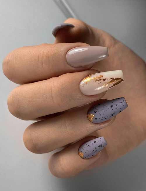 Beige manicure with foil